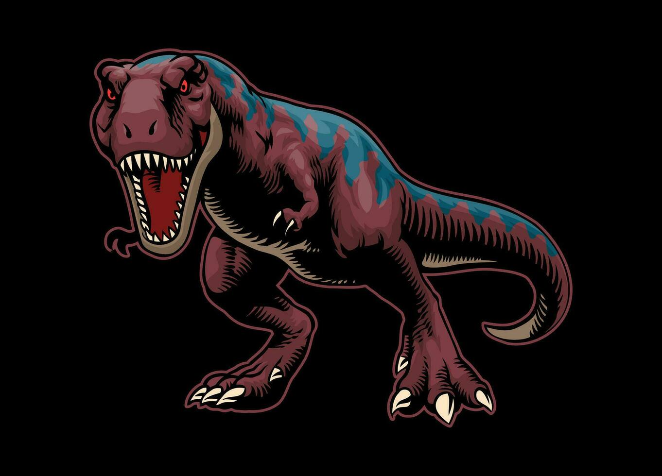 rugido rojo tirano saurio Rex con azul raya ilustración en Clásico estilo vector