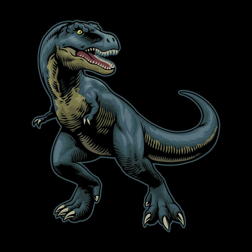 Vintage Hand Drawn Illustration of Blue T-Rex in Full Color vector