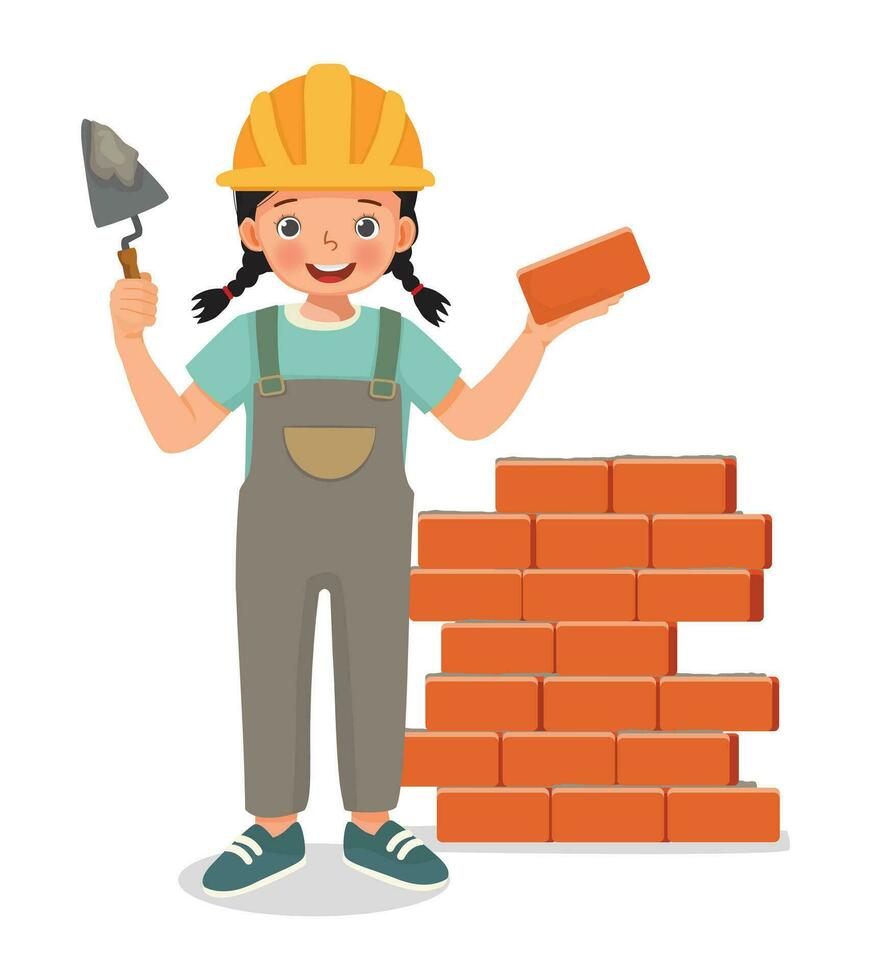Cute little girl builder holding cement bricklayer tool working at the construction site vector
