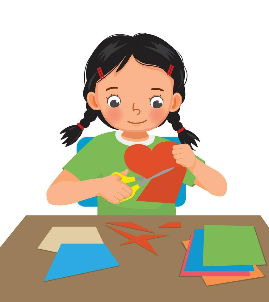 Cute little girl cutting colored paper with scissors making heart shape paper cut art craft vector
