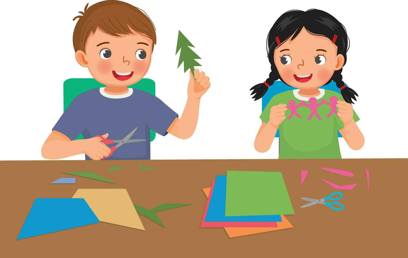 Cute little kids boy and girl cutting colored paper with scissors making paper cut art craft vector