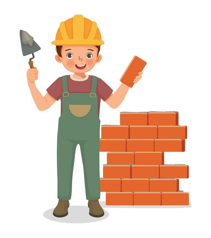 Cute little boy builder holding cement bricklayer tool working at the construction site vector