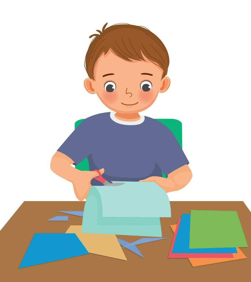 Cute little boy cutting colored paper with scissors making paper cut art craft vector