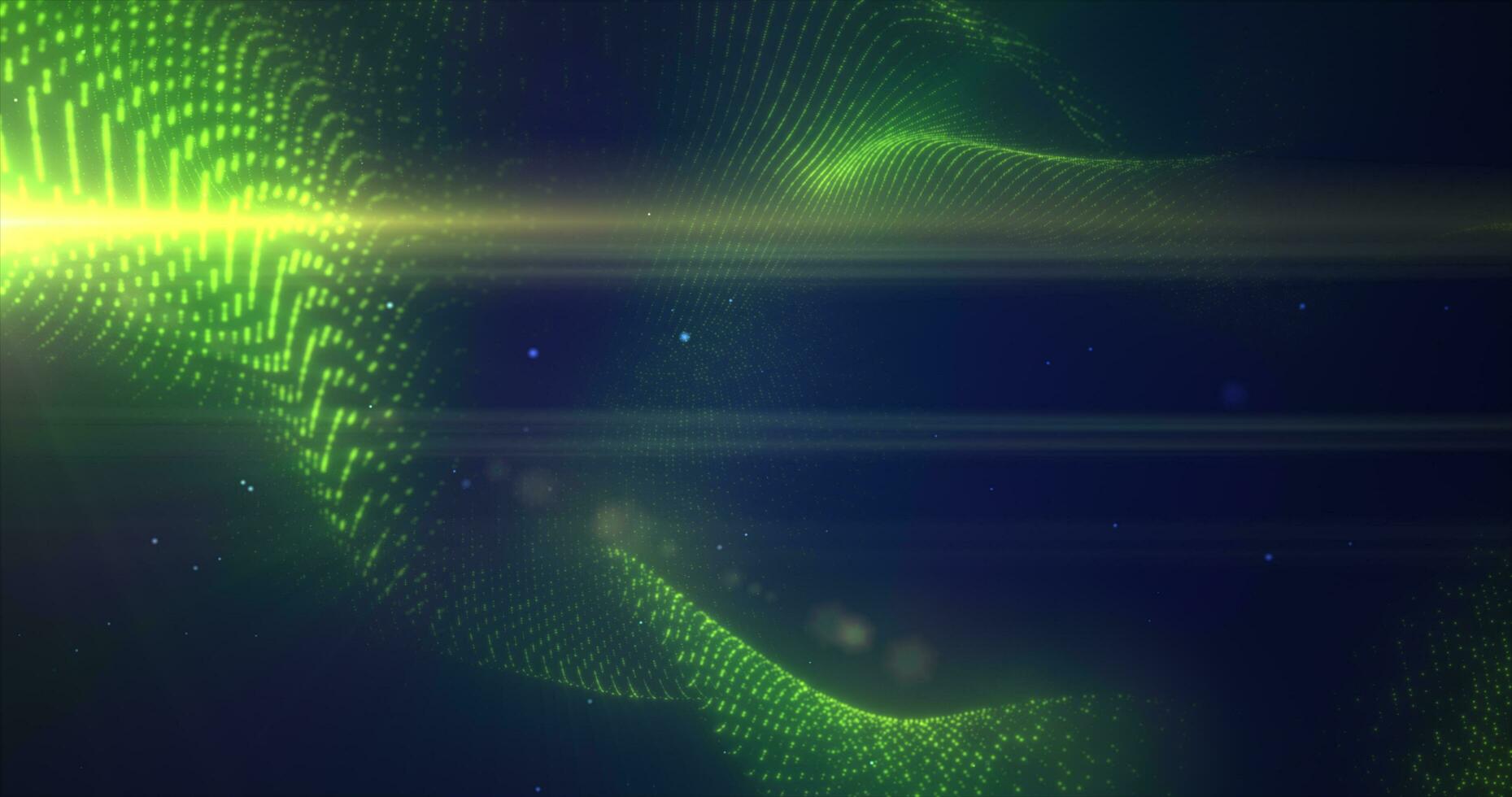 Green glowing energy bright particles light lines and waves abstract background photo