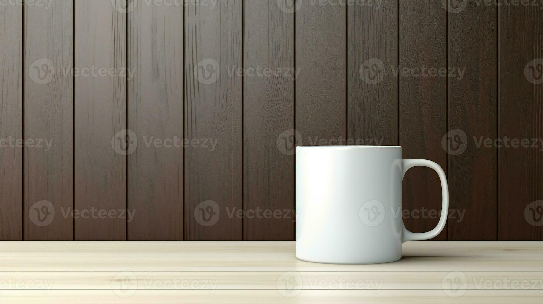 white coffee mug on wooden table with wooden wall background AI Generative photo
