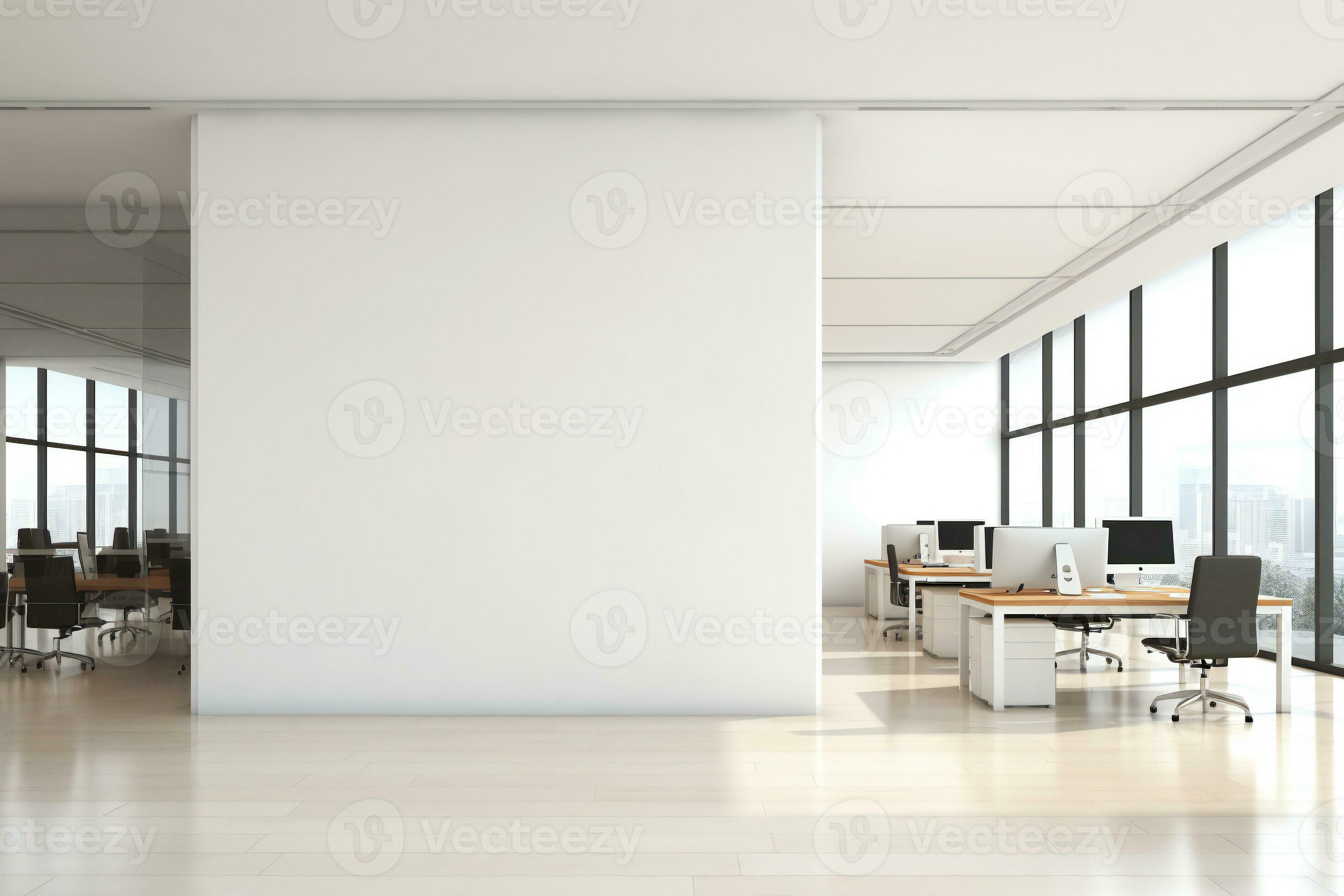 an empty office with a large window and white walls AI Generative