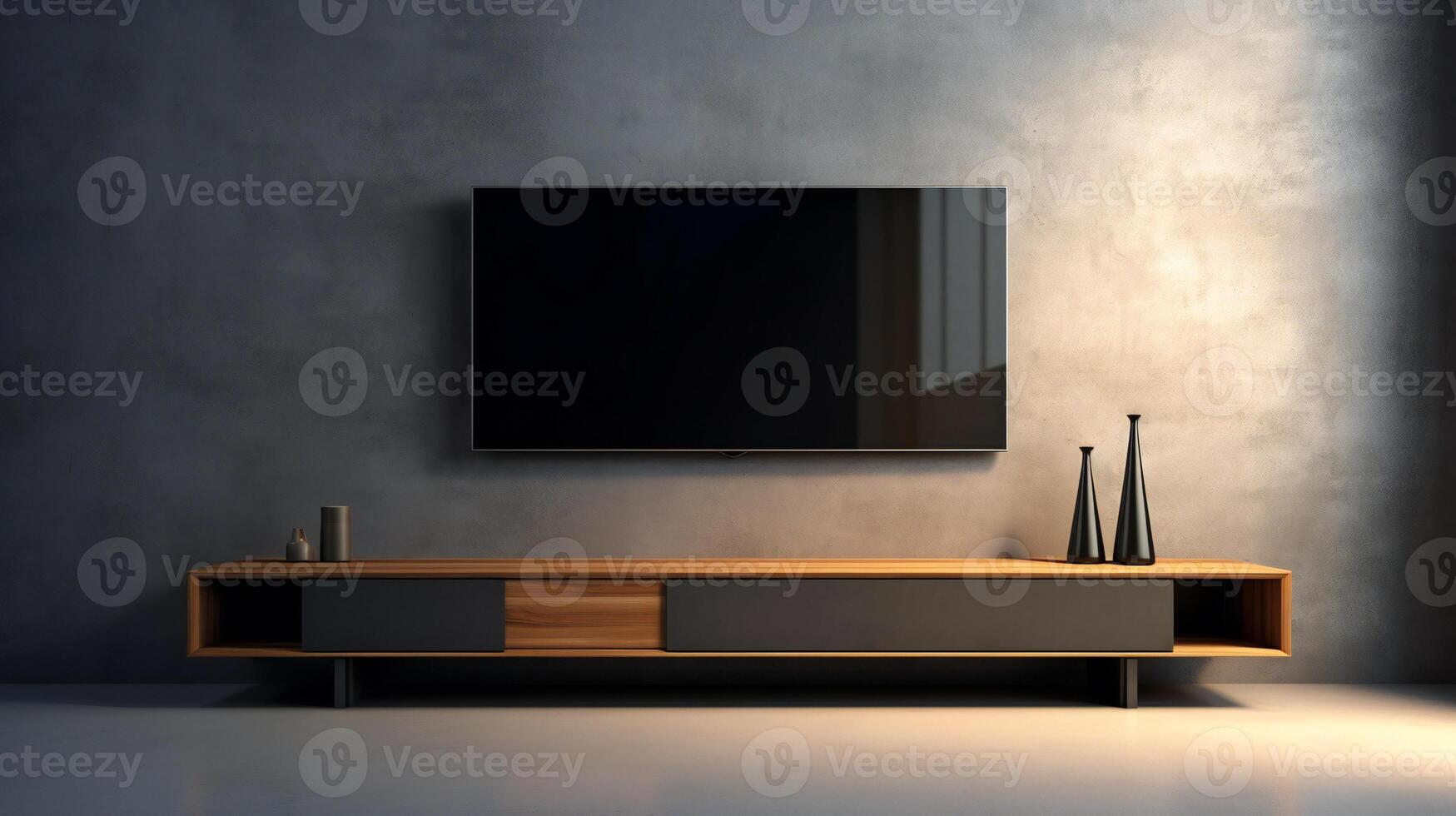 modern tv stand with wooden tv and vase in a room AI Generative photo