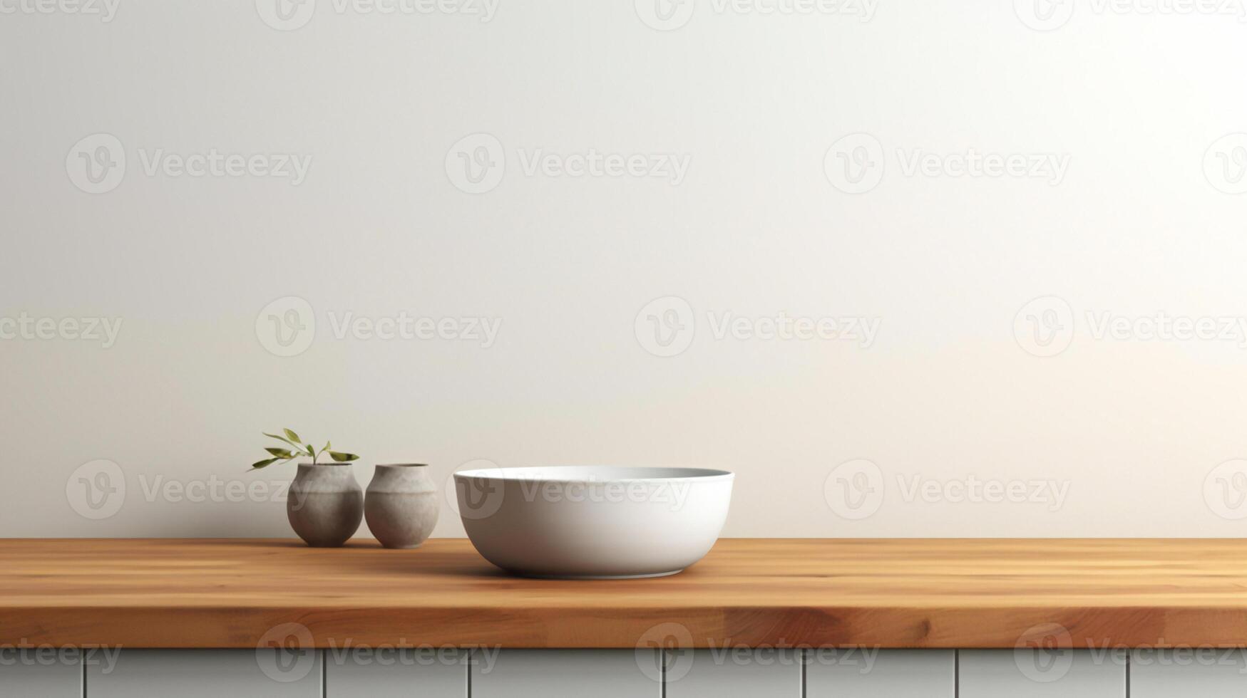 a bowl and vase sit on a wooden counter photo