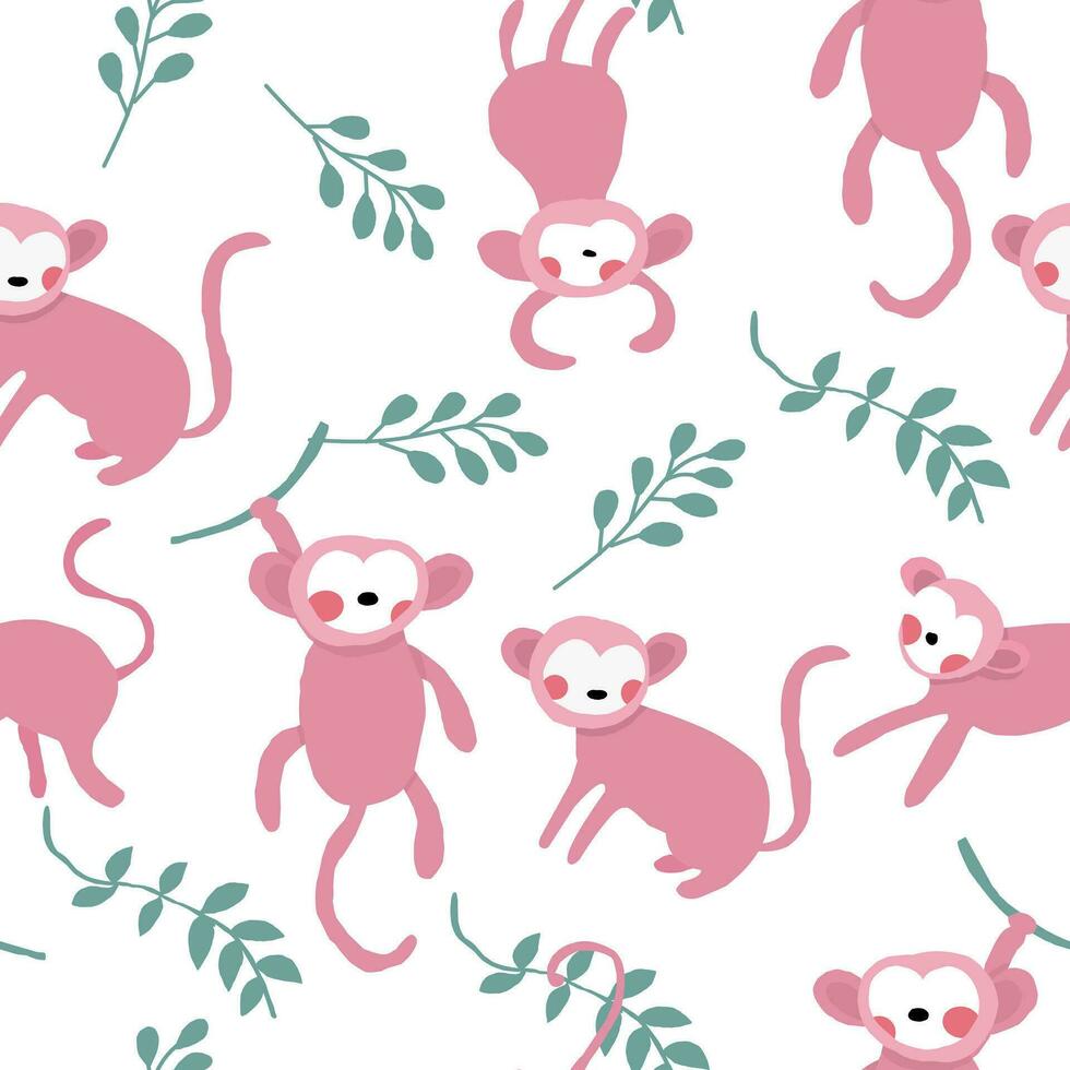 Cute Pink Monkey Illustration Seamless Pattern vector
