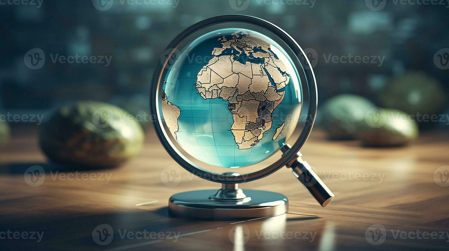 magnifying glass on a table with a world map AI Generative photo
