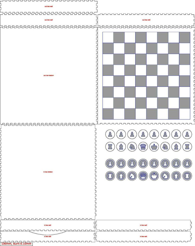 Chess game with sliding  drawer box Cnc. laser cut Material thickness 3 mm No glue Vector illustration.