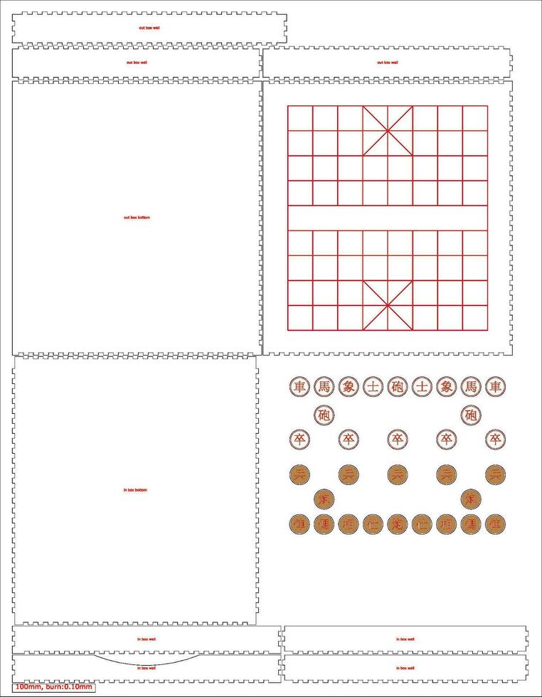 Xiangqi Chinese Chessboard game with sliding drawer box Cnc. laser cut Material thickness 3 mm No glue Vector illustration.
