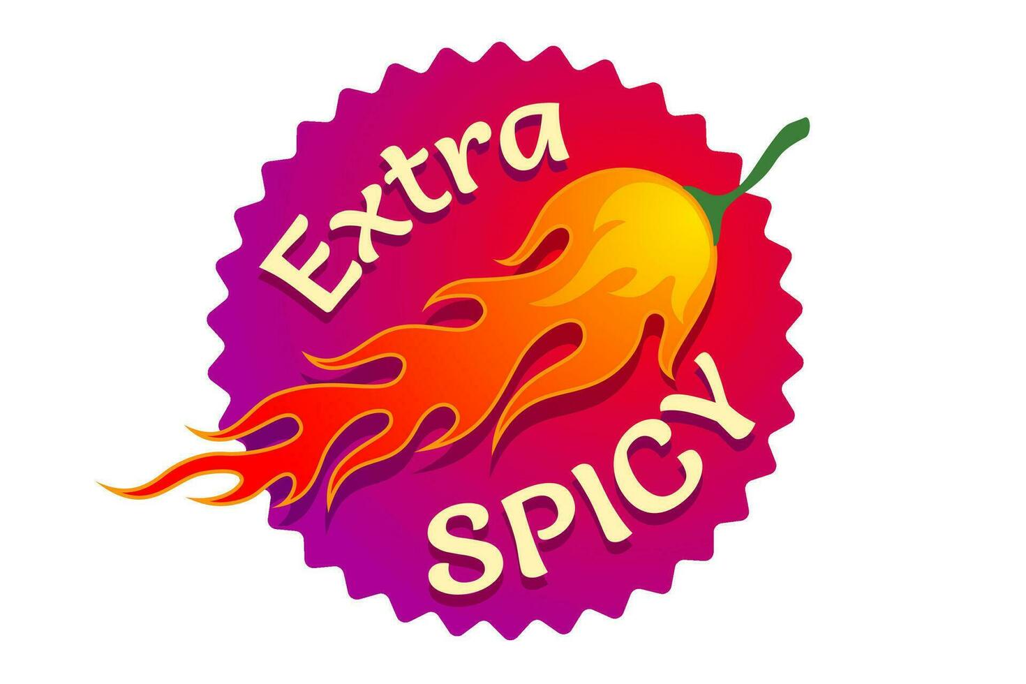 Vector sticker with chili pepper in fire for spicy food. Banner of chilli pepper for Mexican, Indian or Thai food.