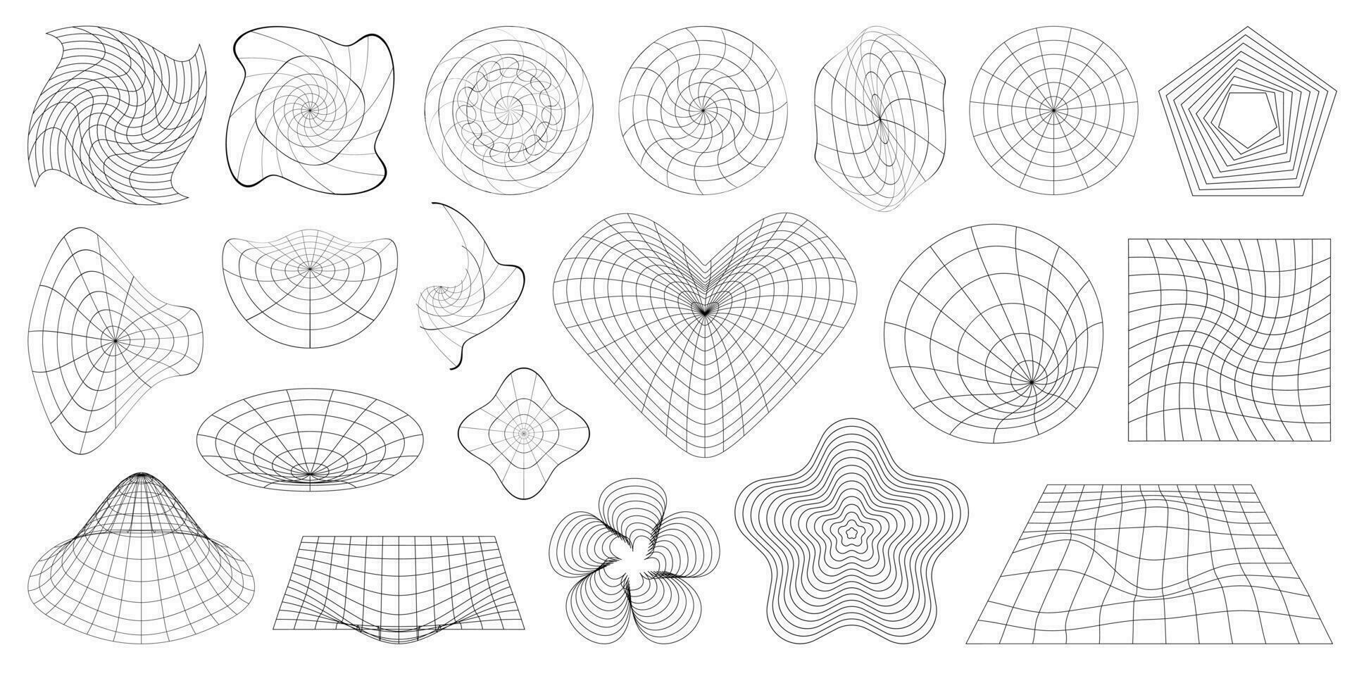Collection of wireframe shapes, perspective grids and heart in Y2K retro futuristic style vector
