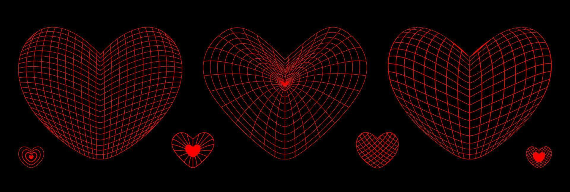 Neon red wireframe heart shapes set on black background. Vector Y2K design elements. Love or cardiology concept