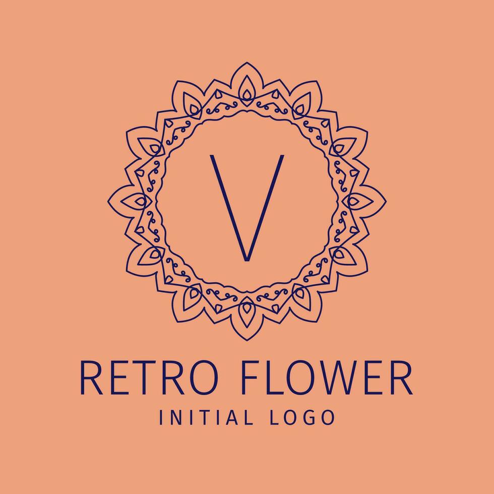 letter V retro flower initial vector logo design