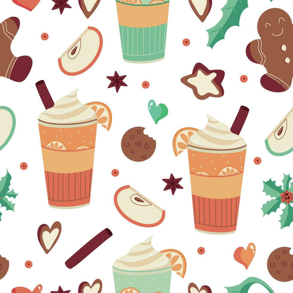 Seamless ornament with winter treats - gingerbread, warming drinks, spices. Hand drawn Christmas and New Year elements for designer wrapping paper. Vector