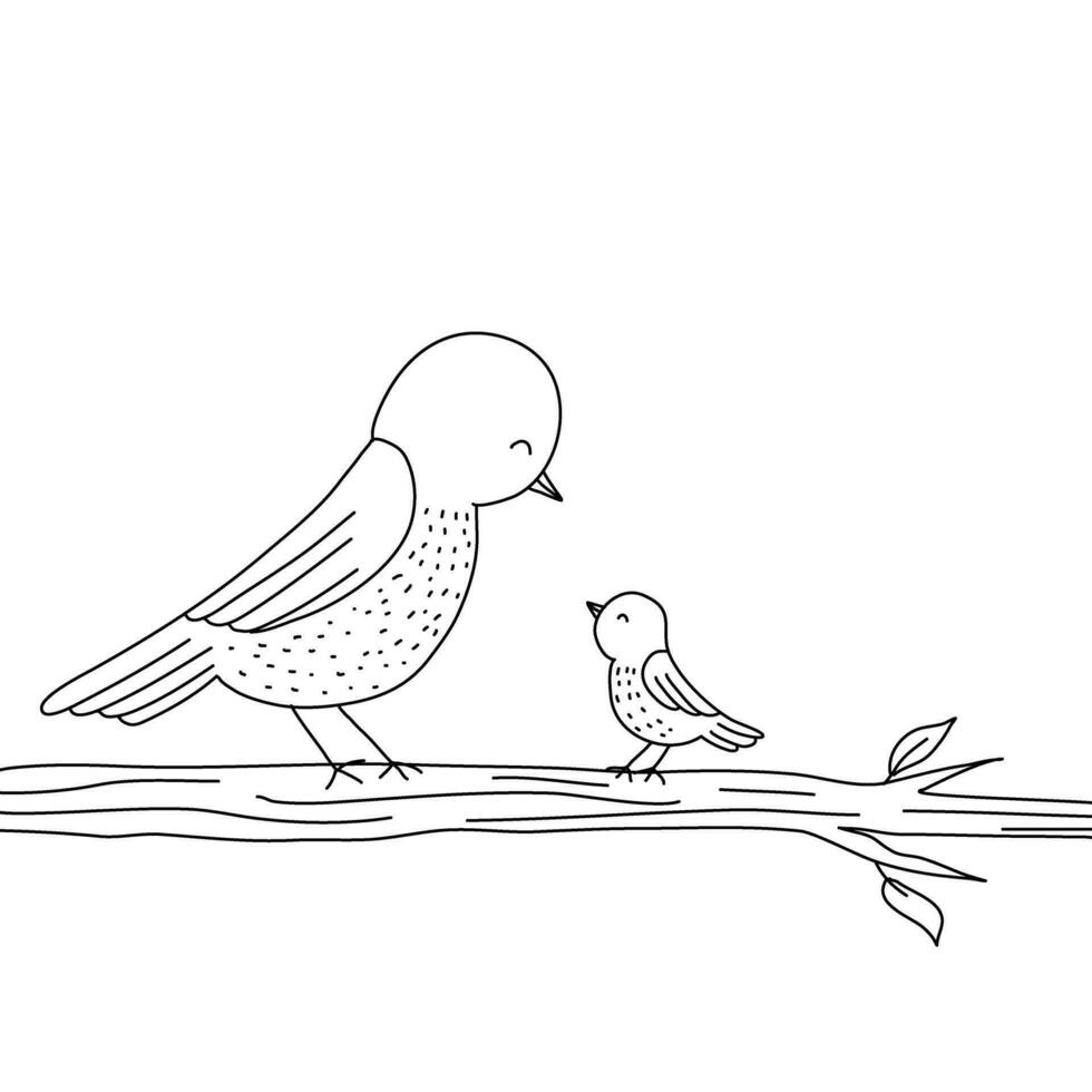 Mom and baby bird doodle lineart vector