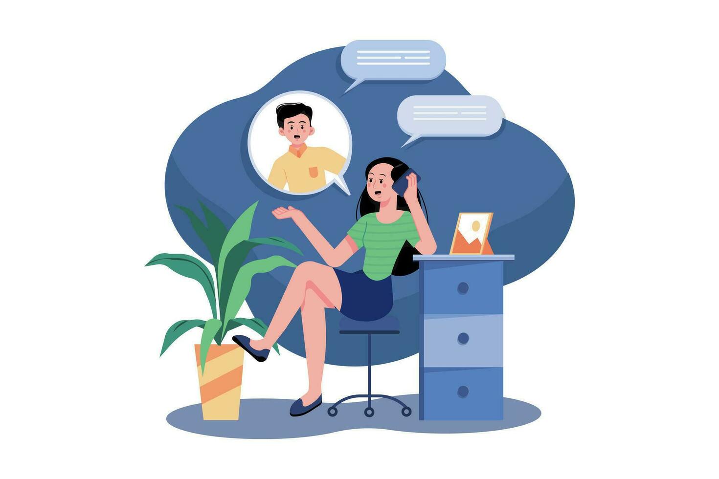 Advertiser. Young woman using a mobile phone while talking to a man. vector