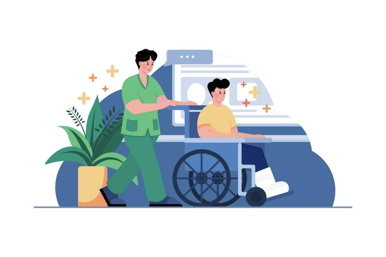 Nurse Pushing Wheelchair Of Patient vector