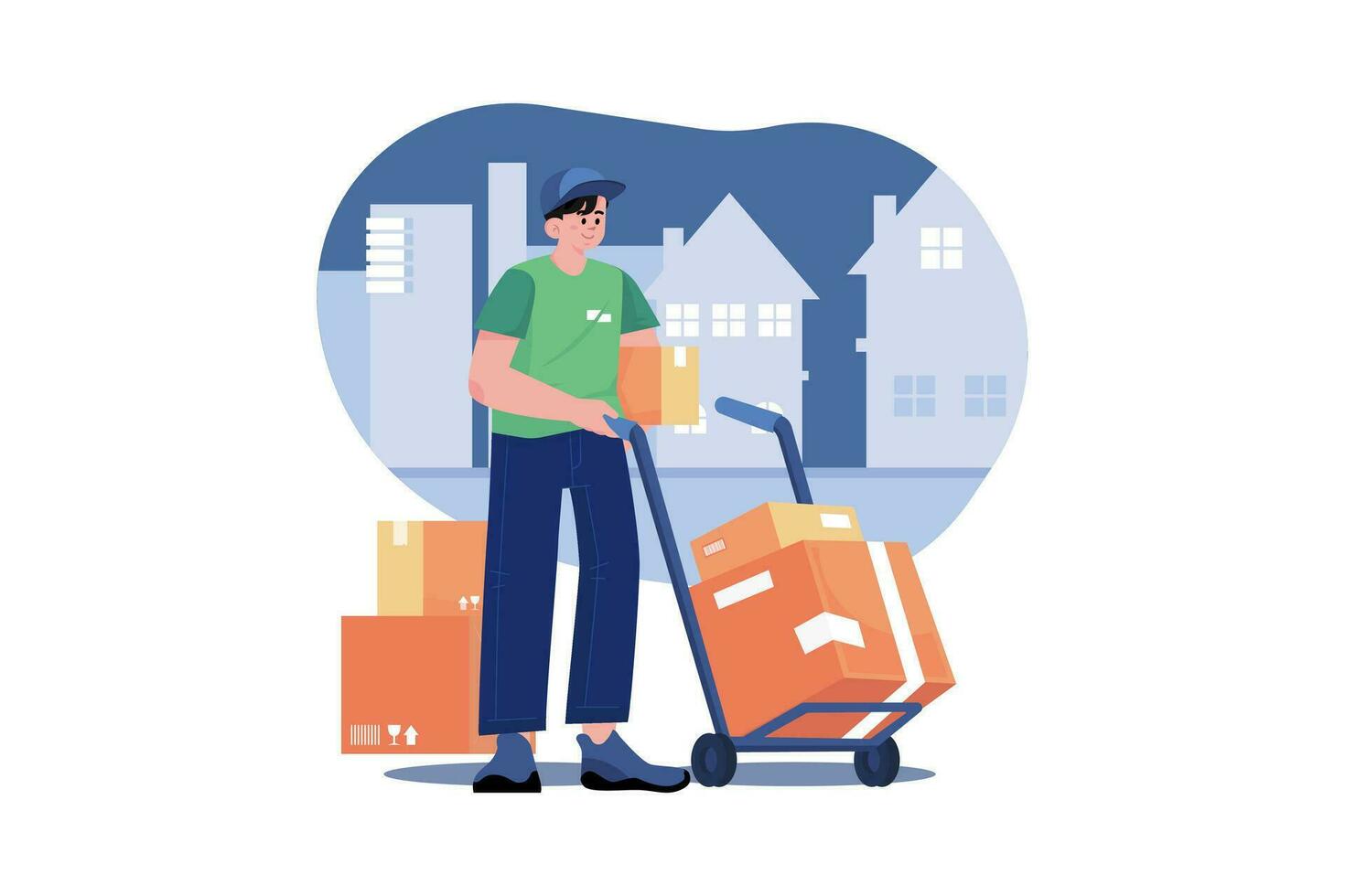 Caucasian deliveryman wheeling trolley with carton boxes vector