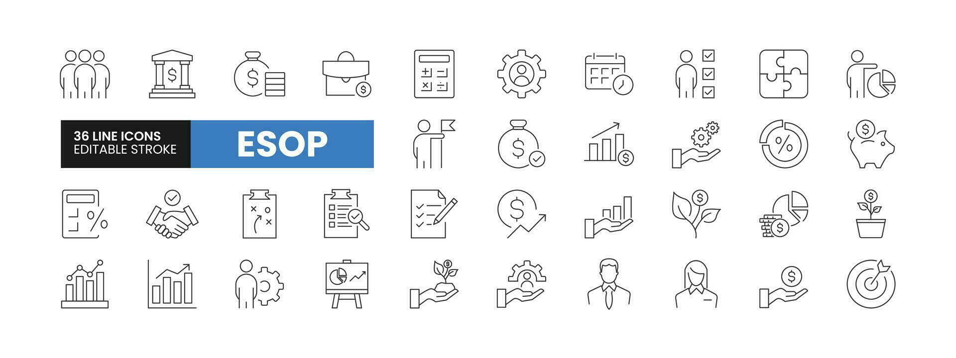 Set of 36 ESOP line icons set. ESOP outline icons with editable stroke collection. Includes Employee, Stock, Ownership, Plan, Management, and More. vector