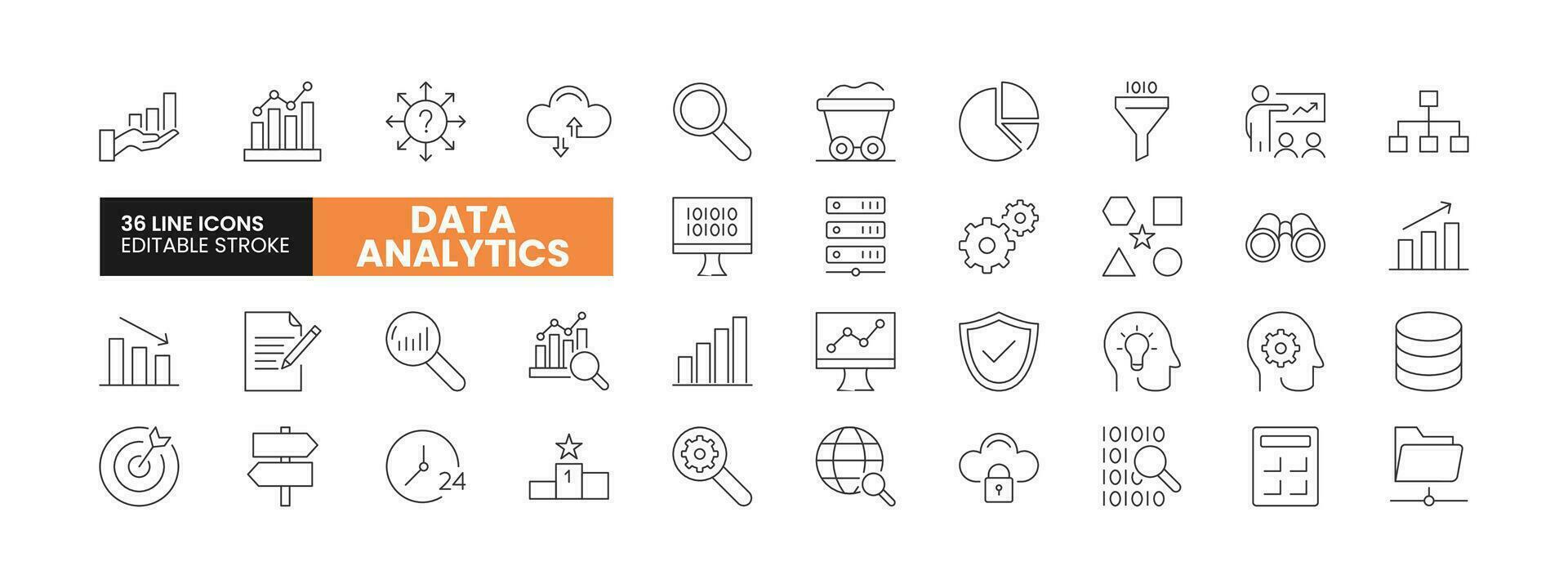 Set of 36 Data Analysis line icons set. Data Analysis outline icons with editable stroke collection. Includes Data Analytics, Analysis, Data Monitoring, Data Filtering, Data Mining, and More. vector