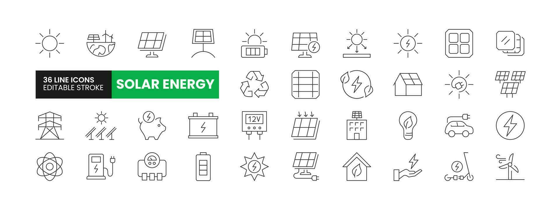 Set of 36 Solar Energy line icons set. Solar Energy outline icons with editable stroke collection. Includes Solar Panels, Battery, Turbine, Electric Car, Solar Home and More. vector