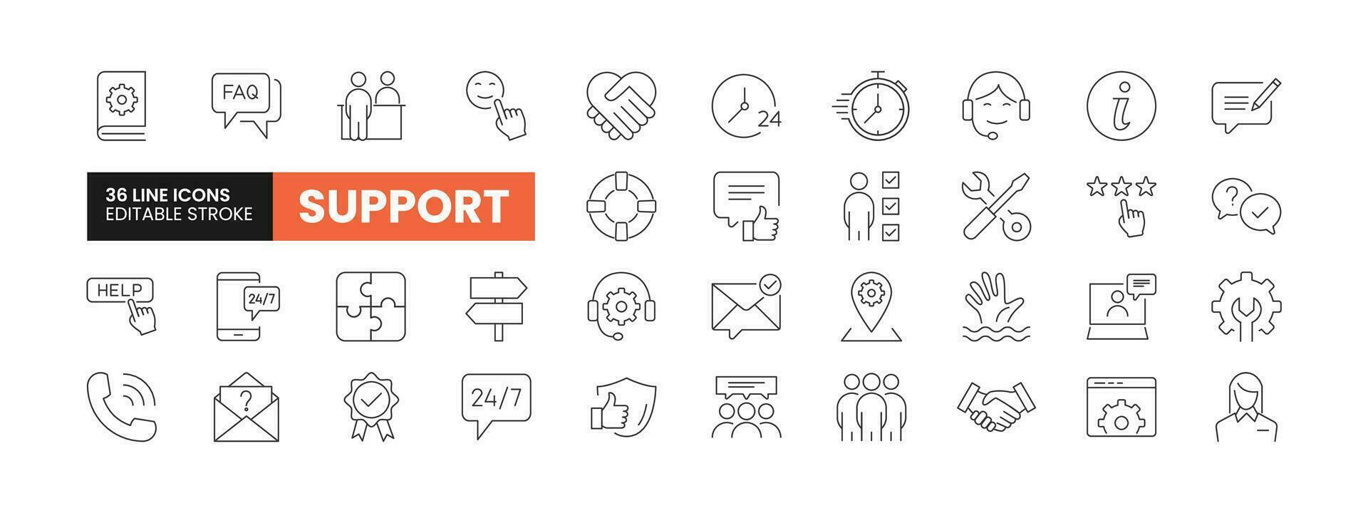 Set of 36 Support or Customer Care line icons set. Support or Customer Care outline icons with editable stroke collection. Includes Feedback, Review, Star Rating, Quality, Assitance and More. vector