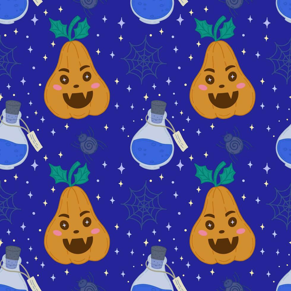 Vector seamless pattern for Halloween.Icons of pumpkins, stars, a magic potion. Design elements for a Halloween party poster.Background for book covers, wallpapers, design, graphics, invitations.