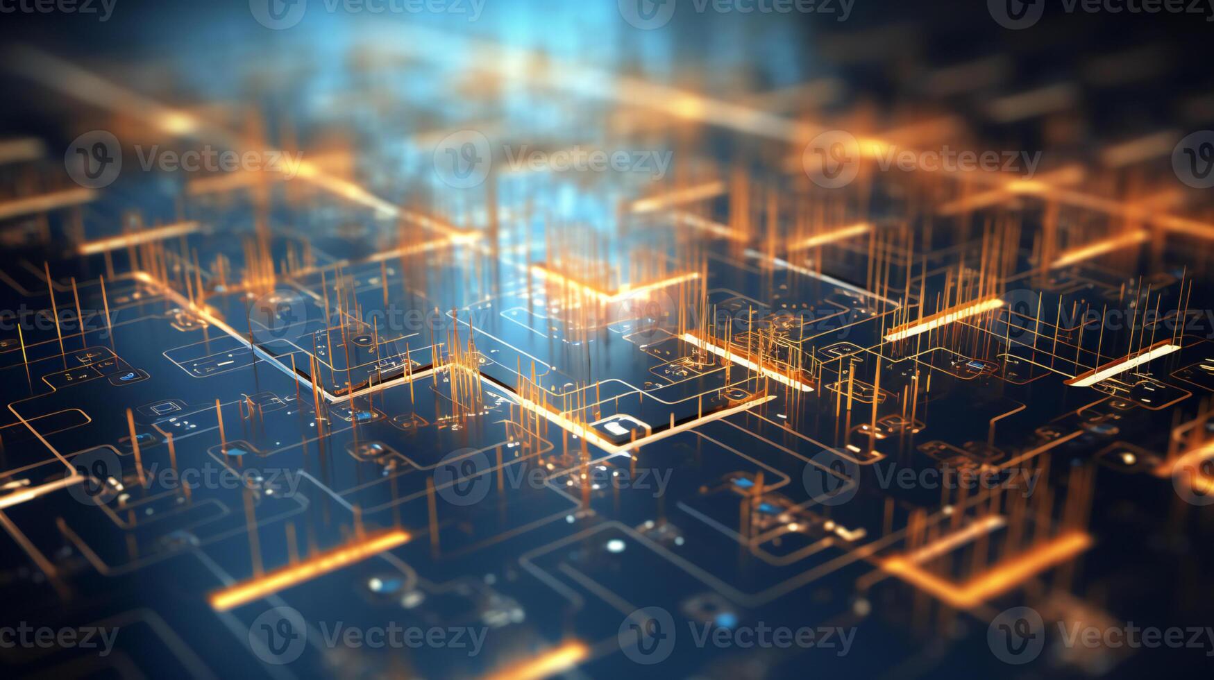 a computer circuit board with glowing lines photo