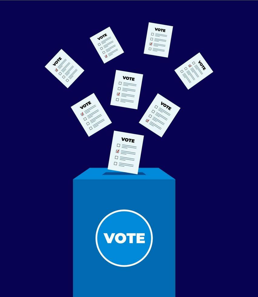 Puts voting ballot in ballot box. Voting and election concept. Vector illustration.