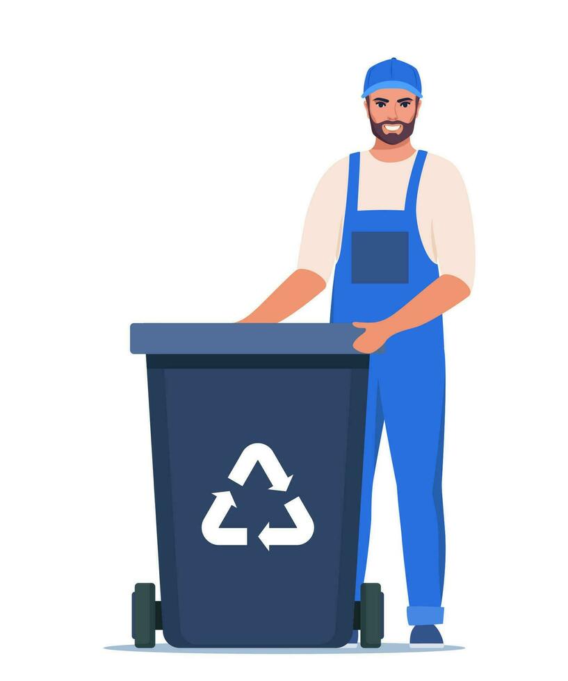basura hombre en uniforme con negro basura compartimiento y reciclaje símbolo en él. basura clasificación. cero desperdiciar, ambiente proteccion concepto. vector ilustración.
