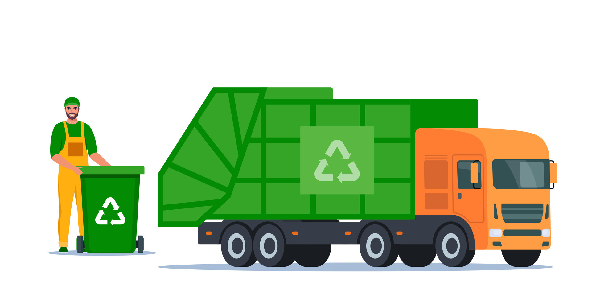 Garbage truck and sanitation worker. Garbage man in uniform with trash