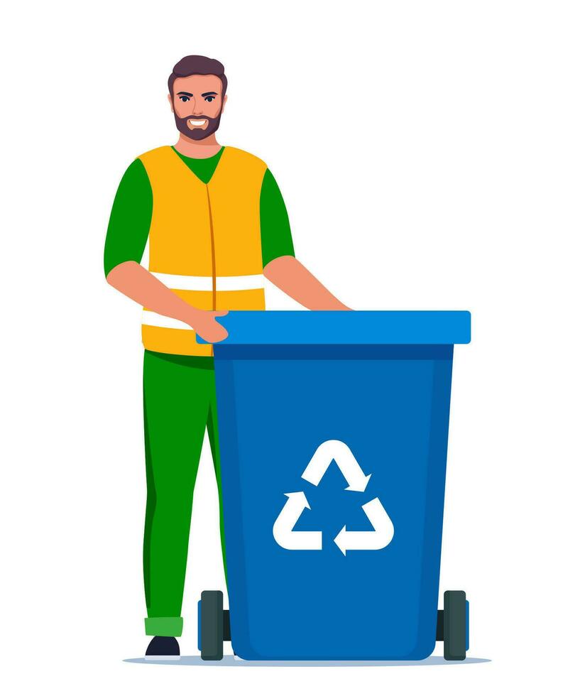 Garbage man in uniform with blue trash bin and recycling symbol on it. Garbage sorting. Zero waste, environment protection concept. Vector illustration.