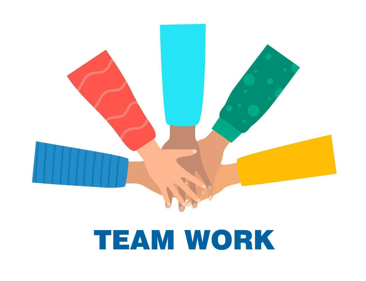 Multicultural people putting hands together. Teamwork, friendship, unity, help, equality, support, partnership, community, social movement, friendship concept. Strong together. Vector illustration.