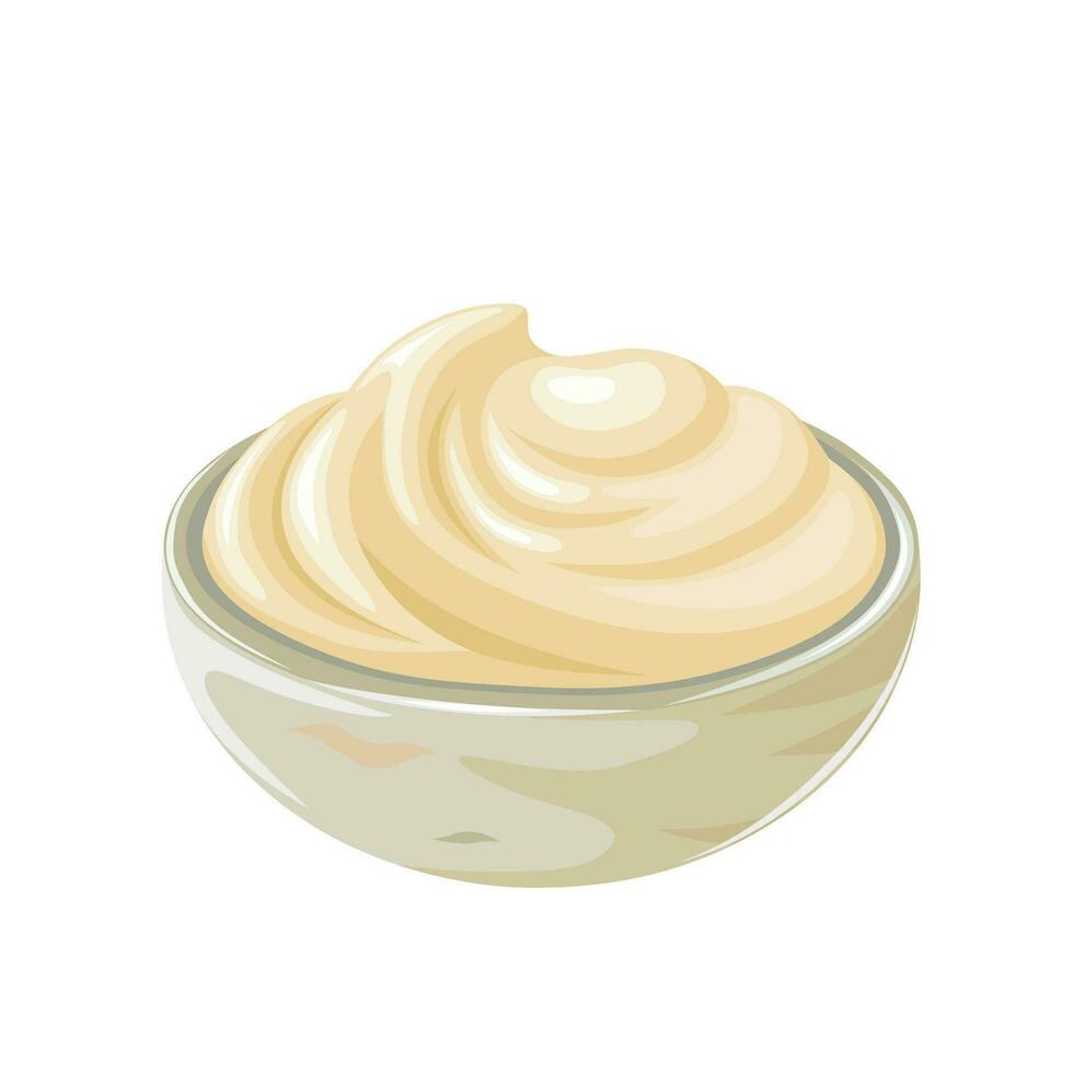vector illustration, mayonnaise in a bowl, isolated white background.