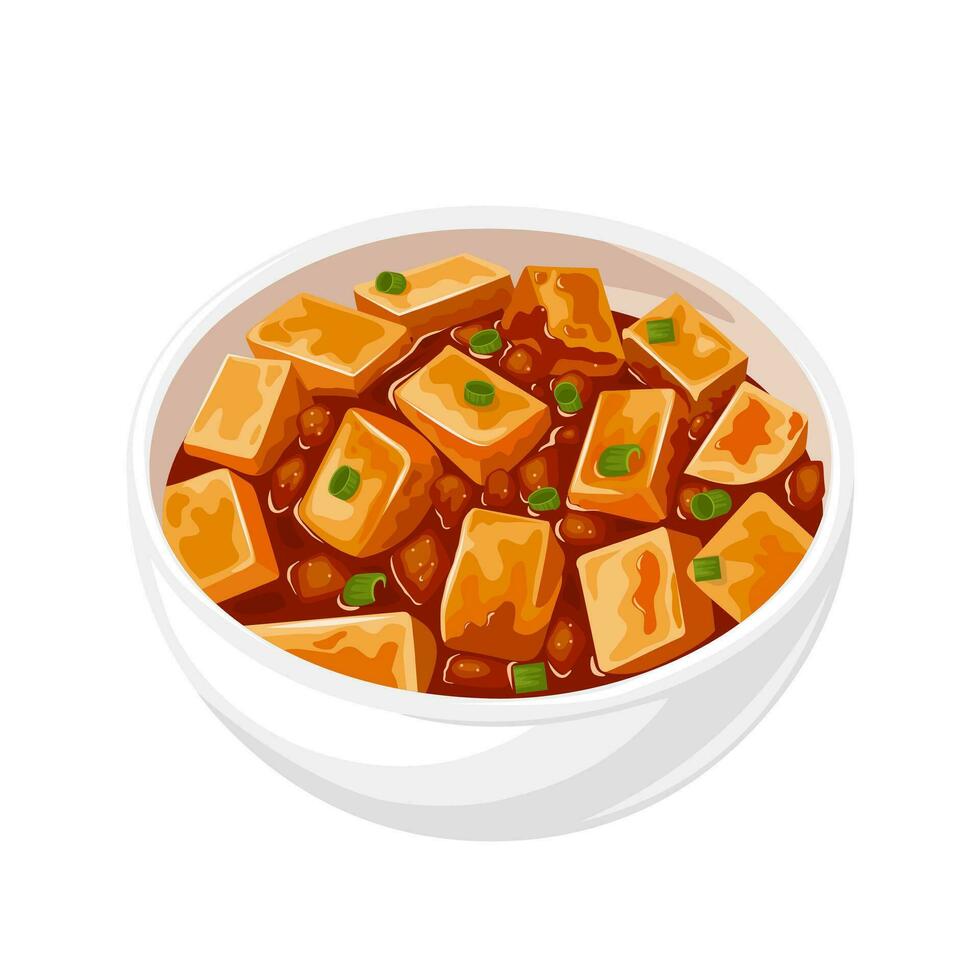 Vector illustration, mapo tofu in a white bowl, popular Chinese dish, isolated on white background.