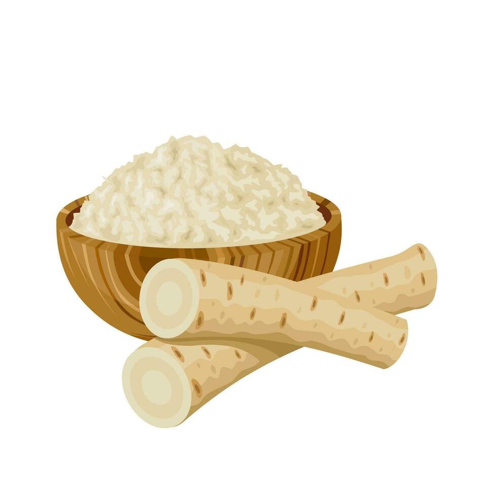Vector illustration, grated horseradish in a wooden bowl, with pieces of fresh horseradish root, isolated on white background.
