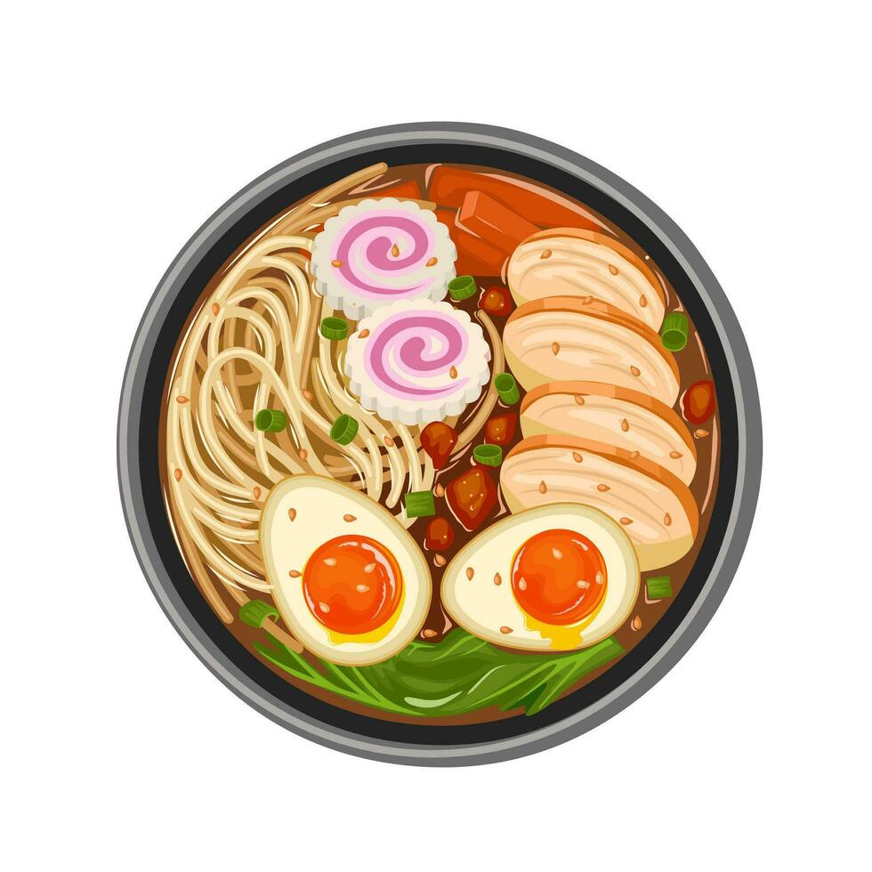 vector ilustración, parte superior ver de japonés ramen, coronado con rebanado carne, narutomaki, hervido huevo ajitsuke tamago o ajitama, y rebanado primavera cebollas, aislado en blanco antecedentes.