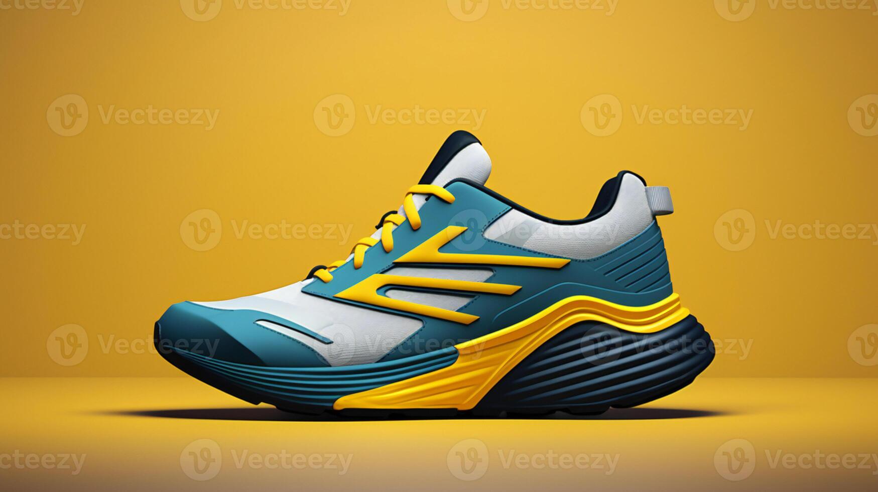 a shoe with yellow and blue accents on a yellow background photo