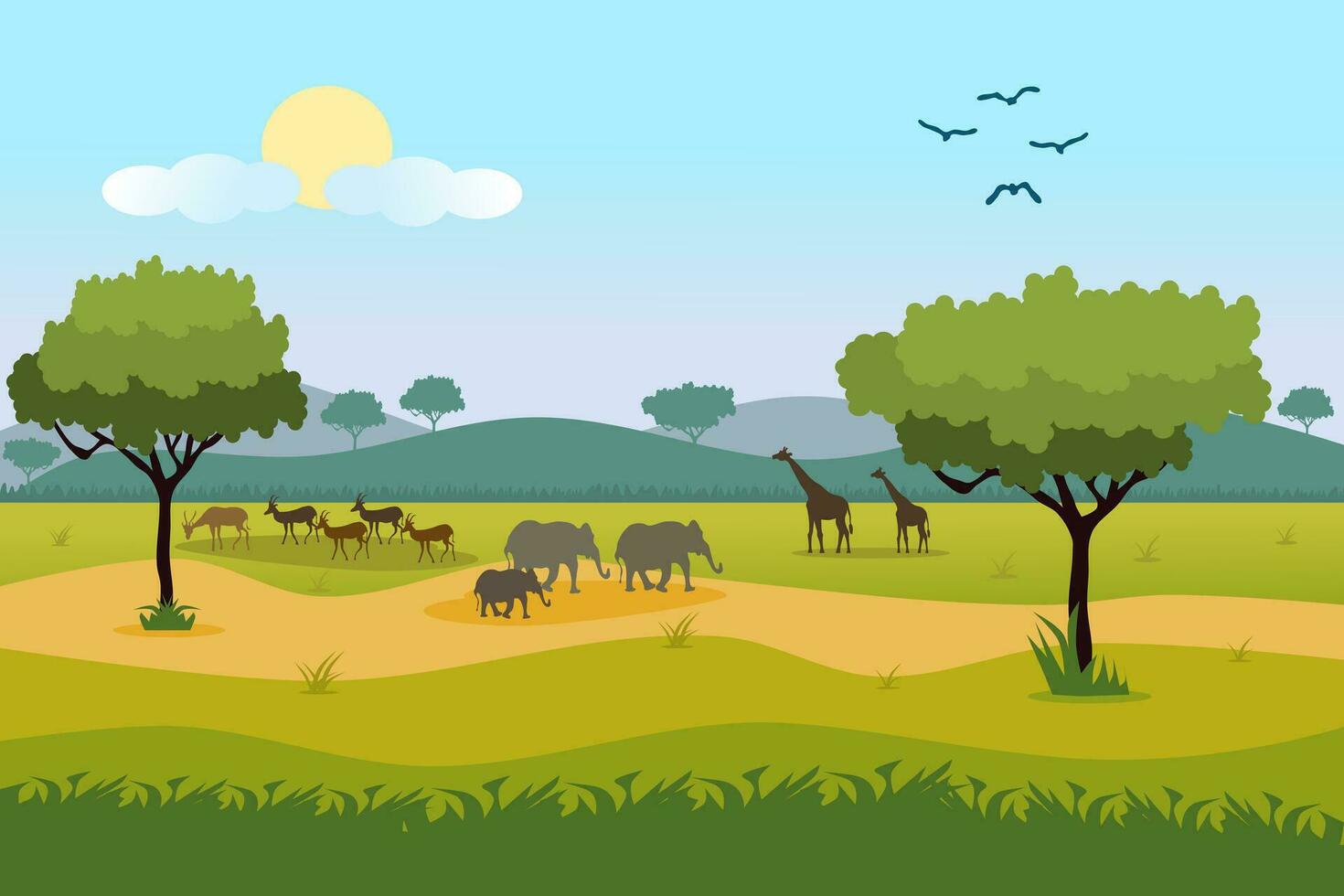 African Savanna forest landscape scene illustration with giraffe, deer, elephant, and bird. vector