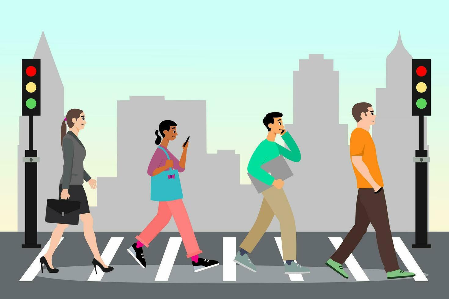 People Crossing Pedestrian Area in City Flat Cartoon Vector Illustration. People walking through crosswalk.