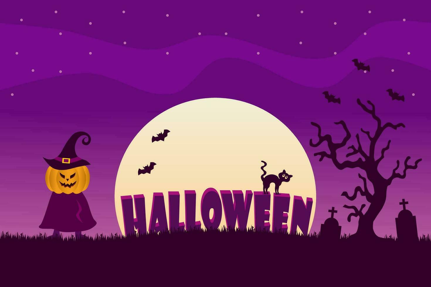 Halloween full moon night background with the Halloween sign, Scarecrow pumpkin, tombstone, cat, and bats. Vector illustration.