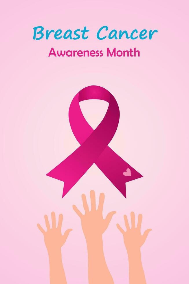 Breast Cancer awareness vertical banner illustration. Three hands with pink ribbon. Healthcare campaign. vector