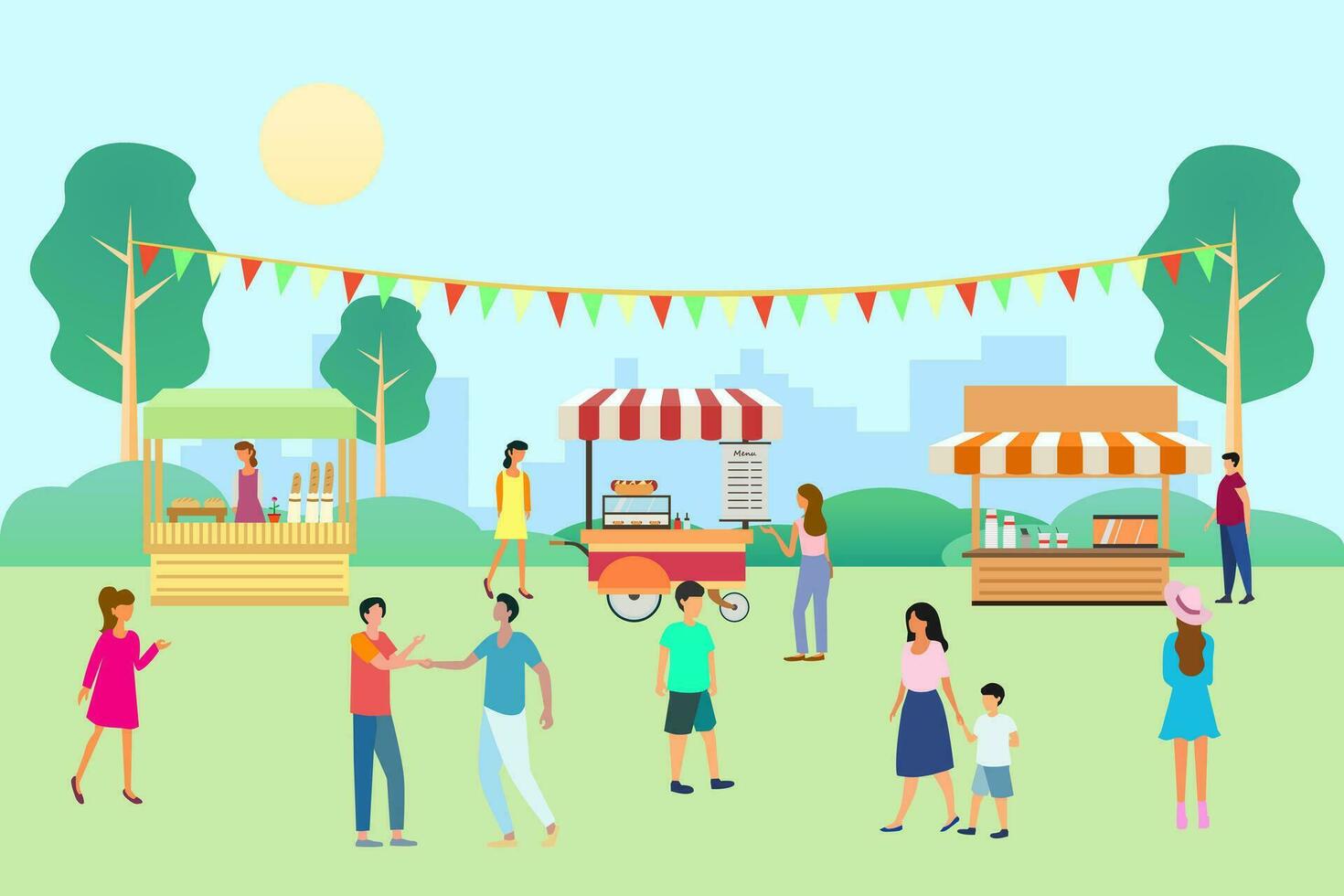 Local market or street fair flat vector illustration. Outdoor market stalls with crowd of people.