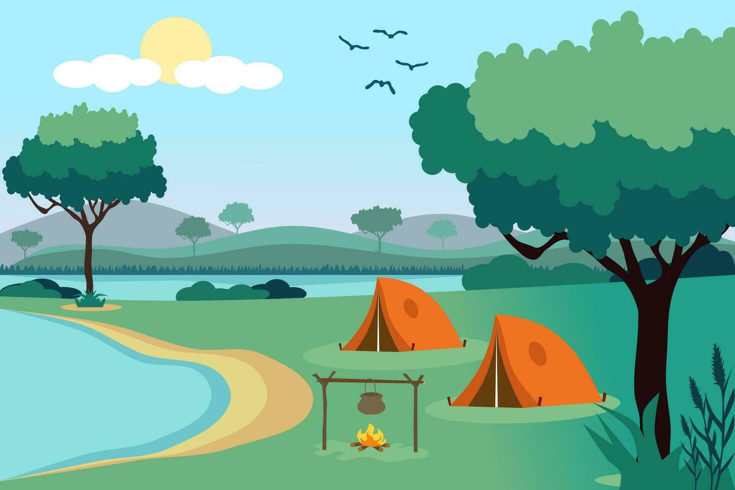 Summer camp in forest with tent and bonfire. Mountains, tree, lake, and sun in background. Vector illustration.