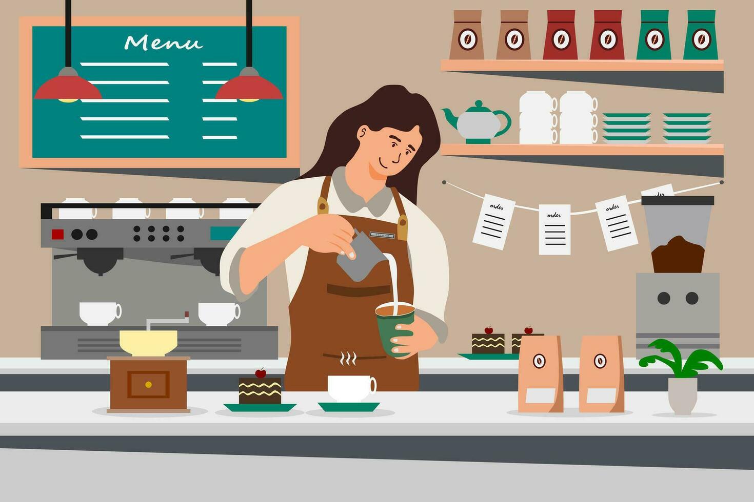 barista mujer haciendo café en mostrador café. hembra barista, manual elaborar cerveza goteo café y accesorios, vistiendo delantal caricias, interior decoración, moderno plano vector ilustraciones.