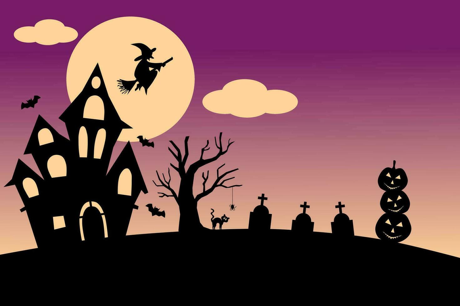 Halloween full moon night background, dark castle, pumpkins, tombstone, witch, and bats. Vector illustration.
