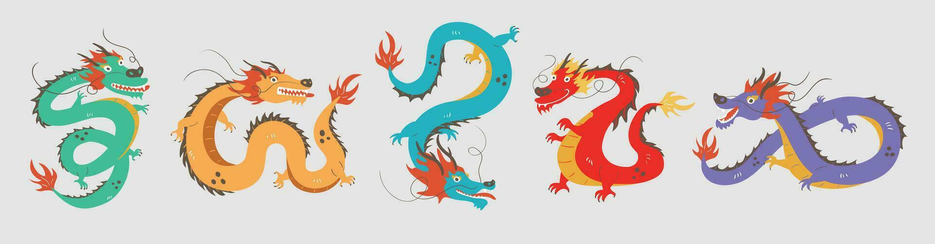 conjunto de chino dragones.chino nuevo año, tradicional chino continuar personaje mitológico criaturas zodíaco signo. chino asiático dibujos animados estilo. mano dibujado de colores vector ilustración.